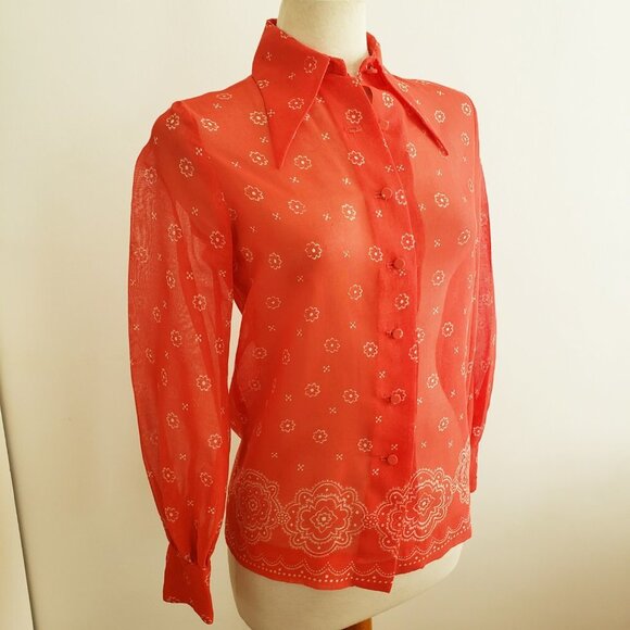 Vintage Red Long Sleeve Pointed Collar Button Down Shirt Blouse by … - Picture 2 of 9